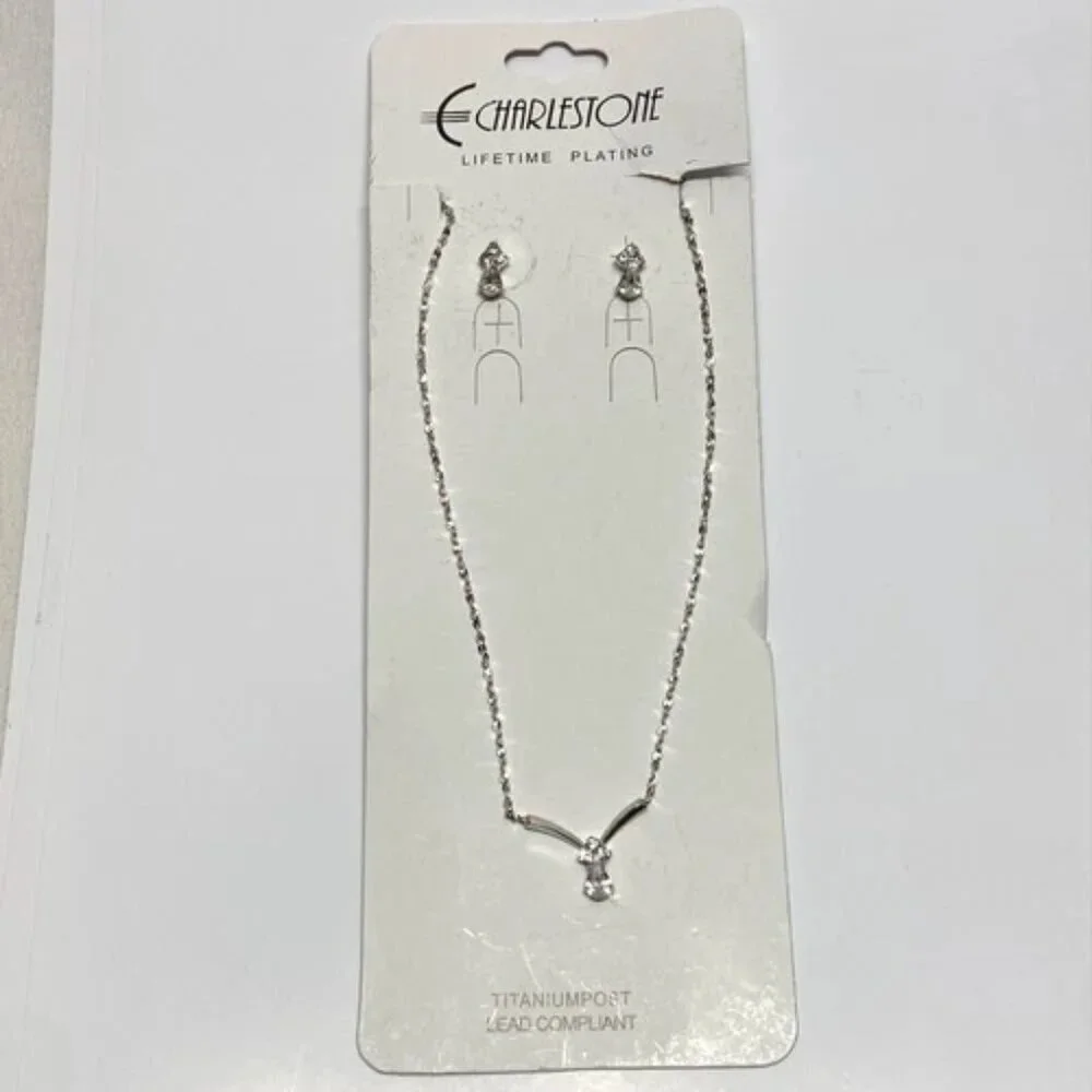 Charlestone Jewelry Set‎ Necklace and Earrings Silvertone Lifetime Plating NWT